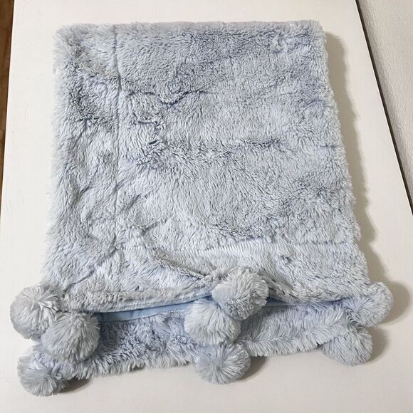 Mud Pie Blue Pom Pom Velour Baby Blanket Lovey Blankie 29" x 36" - Picture 1 of 14